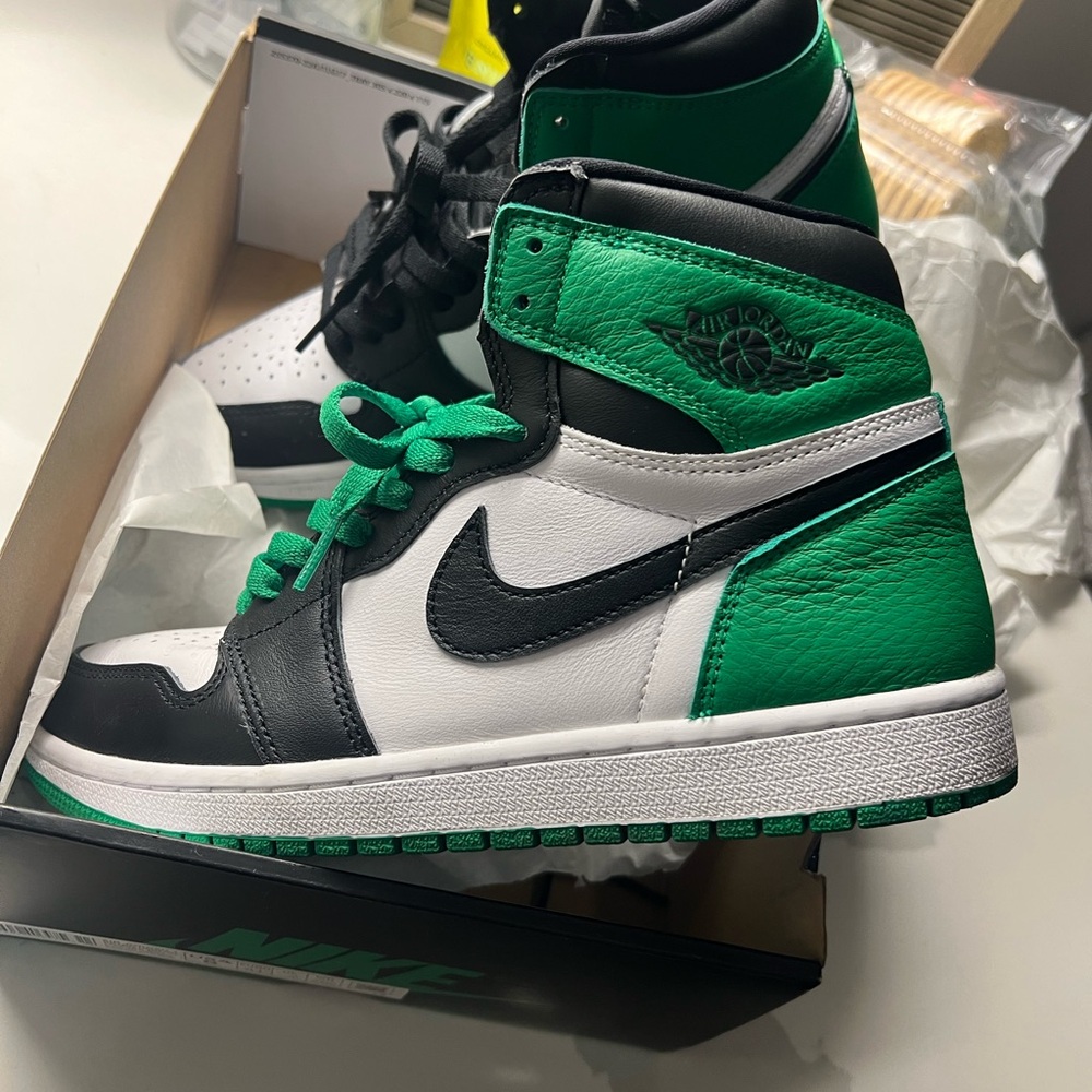 Nike Black, White, and Green High-Top Jordan 1s